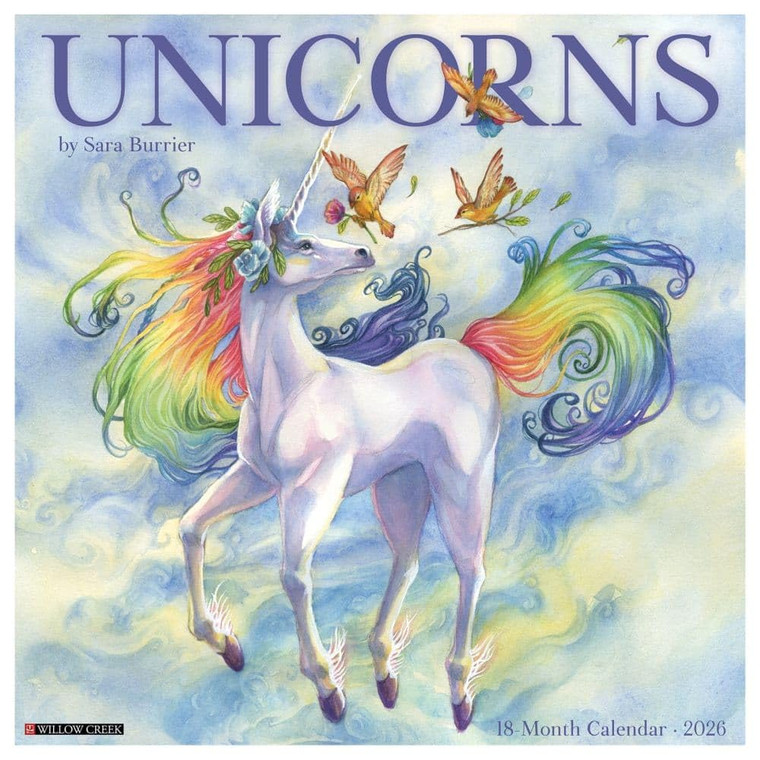 Willow Creek Press, Unicorns by Sara Burrier 2026 Wall Calendar, 12'' X 12'', 18-Month Calendar with Stapled Binding