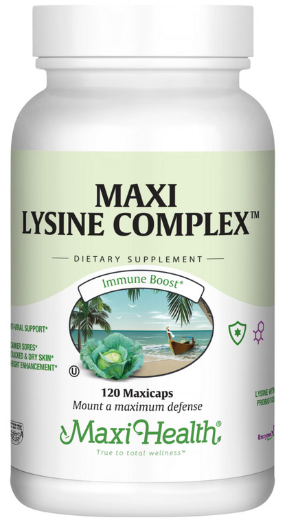 Maxi Health Lysine Complex with Probiotics - L-Lysine 1000mg for Protein Synthesis Canker Sores, and Skin  60 Capsules