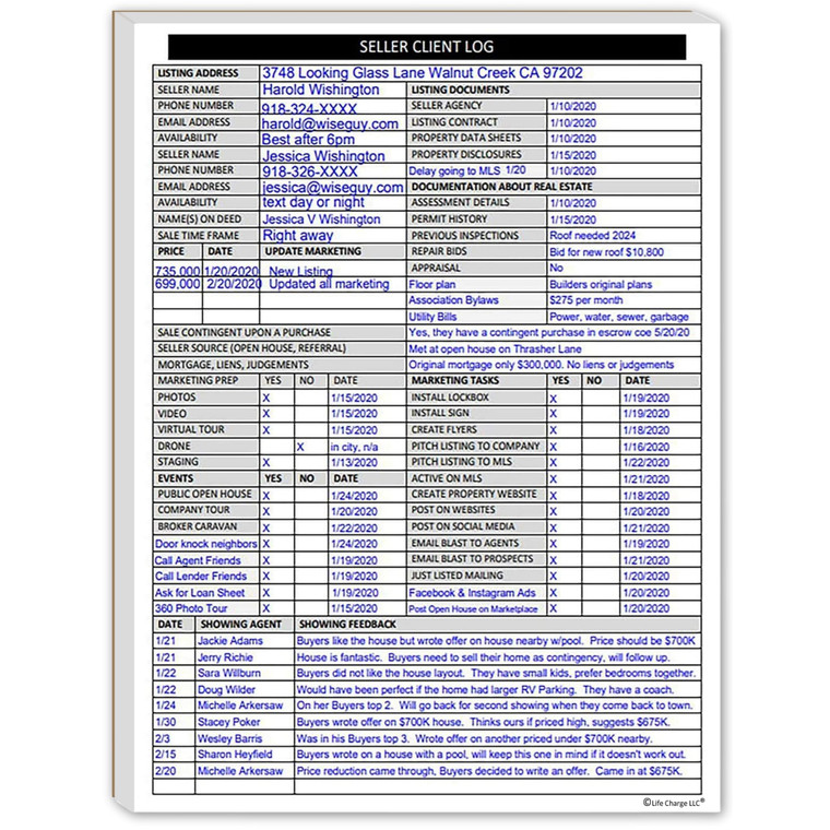 Real Estate Agent Supplies - Home Seller Client Log to include in Listing File Folders. Realtor Log to Track Seller Needs, Home Showings & Agent Acti