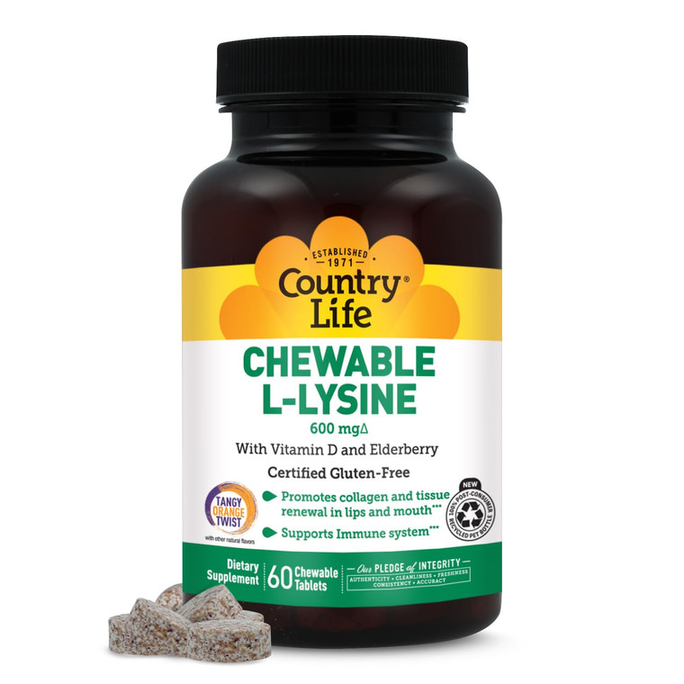 Country Life Chewable L-Lysine Supplement with Vitamin D and Elderberry, Immune Support and Collagen Renewal for Skin Tissue, Ideal for Adults