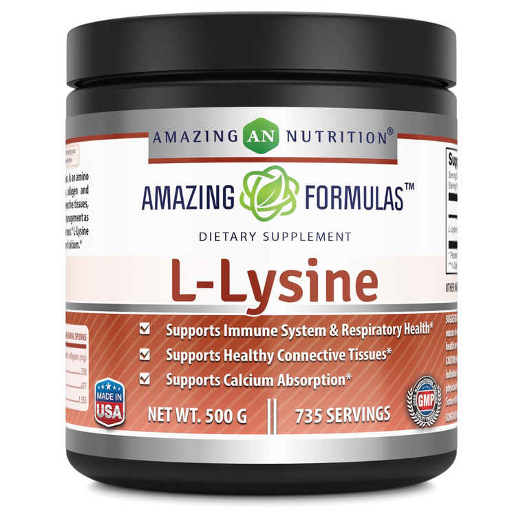 Amazing Formulas L-Lysine Amino Acid Vitamin Supplement (Non-GMO, Gluten Free) - Immune Support, Respiratory Health & More (Powder, 500 Grams)