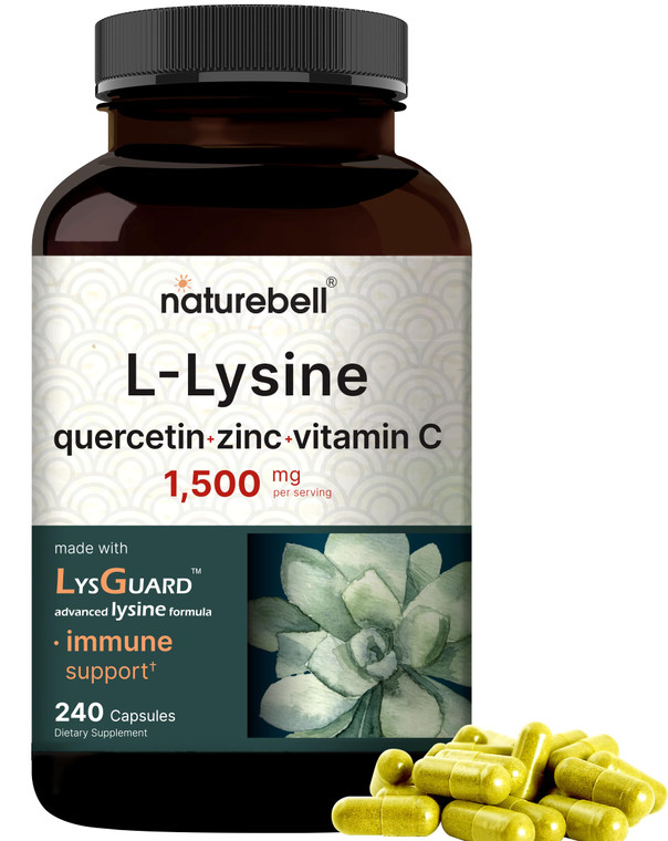 NatureBell L-Lysine 1,000mg Capsules + Quercetin 250mg with Vitamin C and Zinc, 240 Count | Free Form Amino Acids, L Lysine Complex | Immune Support,