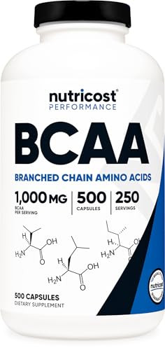 Nutricost BCAA 1000mg, 500 Capsules (250 Serv), 2:1:1 Branched Chain Amino Acids (500mg of L-Leucine, 250mg of L-Isoleucine and L-Valine)