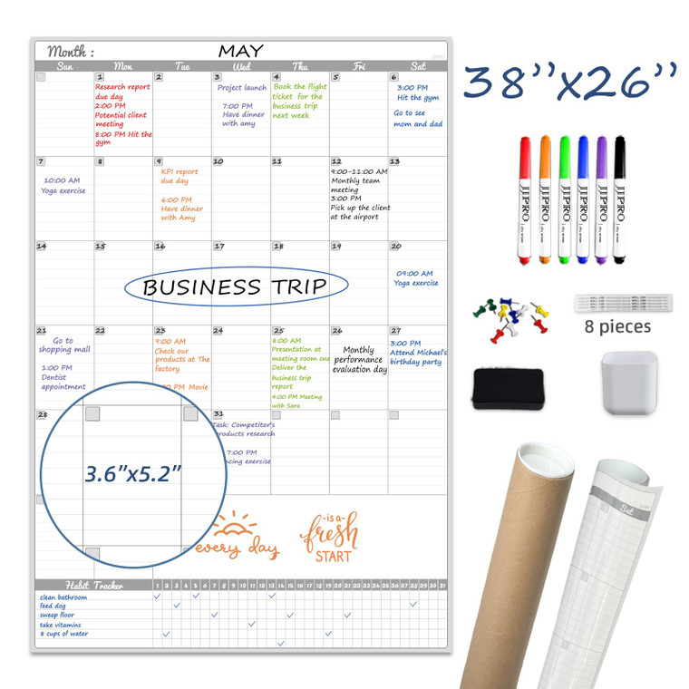 JJPRO Large Dry Erase Calendar for Wall 38"x26"- Laminated One Month Giant Whiteboard Wall Calendar - Vertical Blank Monthly Calender,Erasable 30 Day