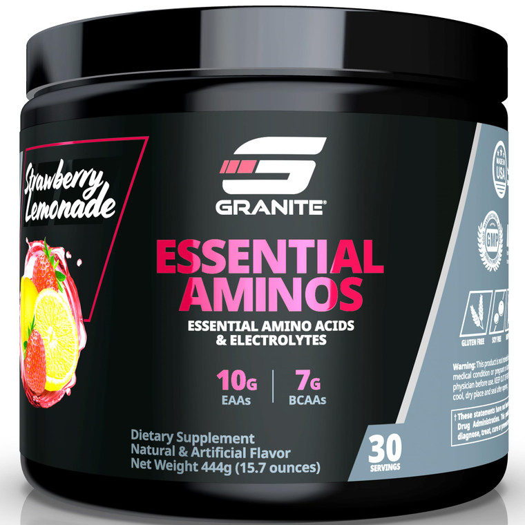 Granite Essential Amino Acids Powder for Muscle Recovery and Growth with 10g EAAs and 7g BCAAs - Soy-Free, Gluten-Free, 448g (30 Servings), Strawberr