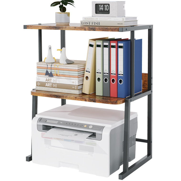 Homeiju Printer Stand for Desk with Storage, 3-Tier Shelves Organizer with Wood Top, Heavy Duty Metal Frame for Home Office, Holds Printer, Books, Su