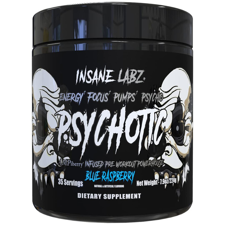 Insane Labz Psychotic Black Edition Mid Stimulant Pre Workout Powder, Energy Focus Pumps, Loaded with Creatine Beta Alanine Taurine Fueled by AMPiber