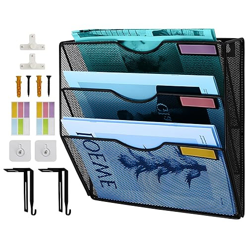 TSDRBWO 3 Tier Hanging Wall File Holder, Metal Mesh File Organizer, Mail Organizer, Wall Mounted Magazine Storage Rack, Magazine Holder Vertical Wall