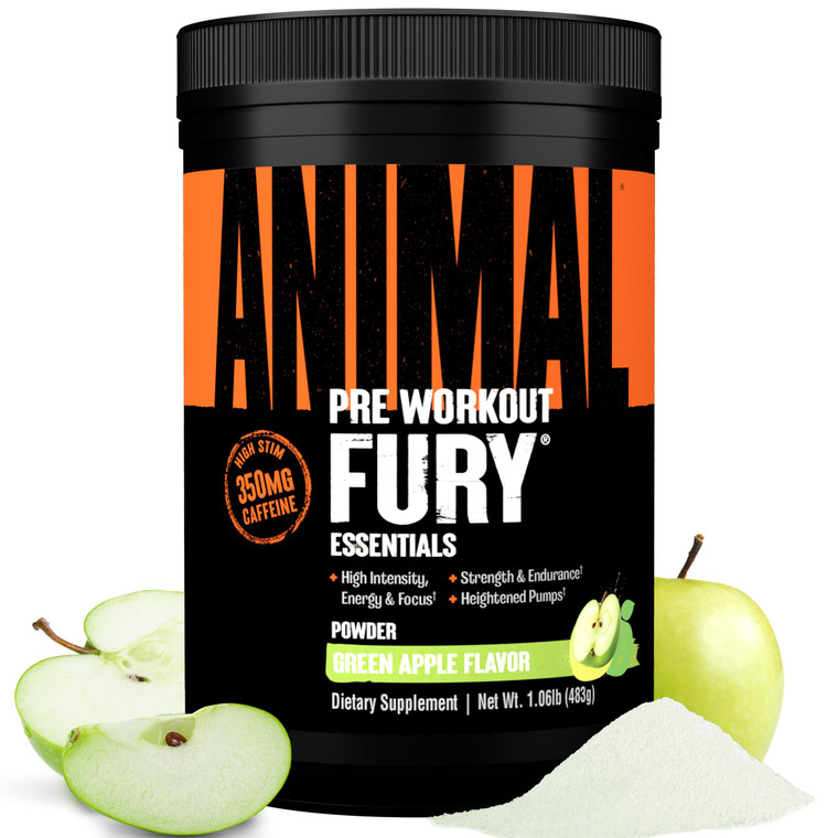 Animal Fury Pre Workout Powder - Green Apple, 350mg Caffeine, BCAA Amino Acids, 2g Beta Alanine, Citrulline & Tyrosine, Energy, Focus, Strength, Endu