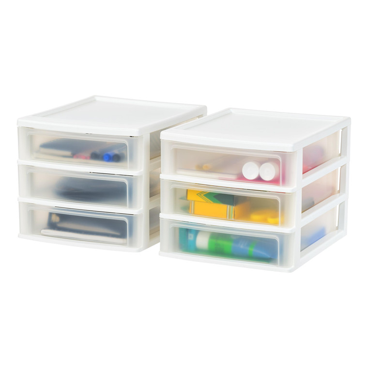 IRIS USA Plastic Stacking Desk Top 3-Drawer Storage Organizer, 2-Pack, for Makeup Vanity Nail Polish Bathroom Stationery Art Craft Supplies Kitchen O