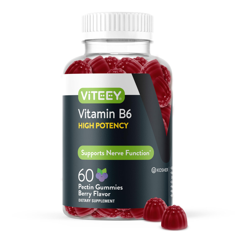 Viteey Vitamin B6 Gummies - Energy, Nerve & Mood Support - B6 Vitamins 100mg - Vegan, Gluten Free, GMO Free - 60 Count