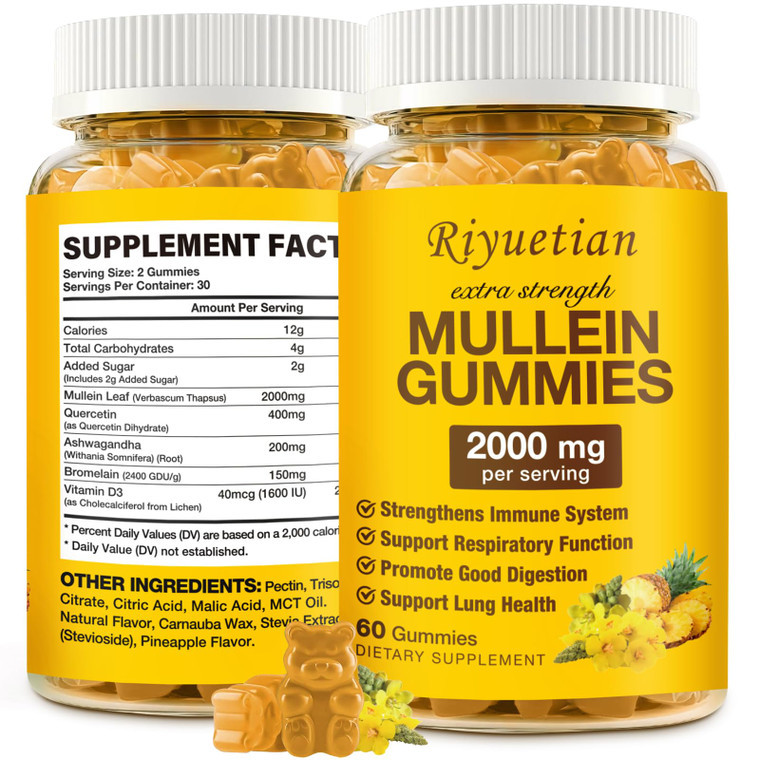 Riyuetian Mullein Gummies, 2000mg Organic Mullein Leaf Extract for Clear Lungs, Boost Respiratory & Digestive, Immune Booster for Adults & Kids, Alle