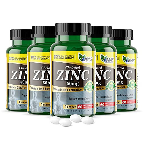 America Medic & Science Chelated Zinc 50 mg Supplements (5 Pack of 60 Tablets) Immune Booster and Powerful Antioxidant Pills for Adults Men and Women
