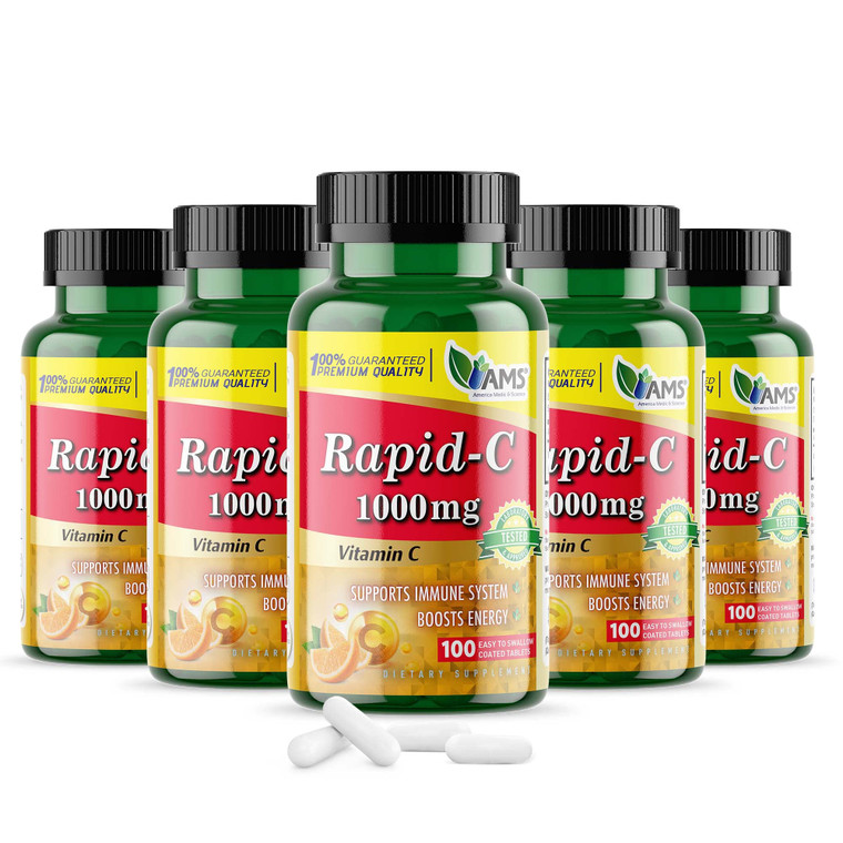 America Medic & Science Rapid-C 1000mg Vitamin C Supplement (5 Pack of 100 Tablets) Energy Booster, Daily Immune System Support, Antioxidant | Vegan,