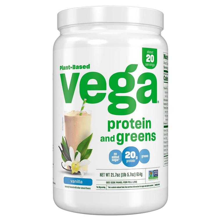 Vega Protein and Greens Protein Powder, Vanilla - 20g Plant Based Protein Plus Veggies, Vegan, Non GMO, Pea Protein for Women and Men, 21.7 Ounce (Pa