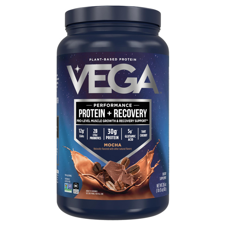 Vega Sport Vegan Protein Powder + Recovery - 30g Plant Based Protein per Serving, Mocha, 19 Servings, 5g BCAAs, Probiotics, NSF Certified, for Shakes