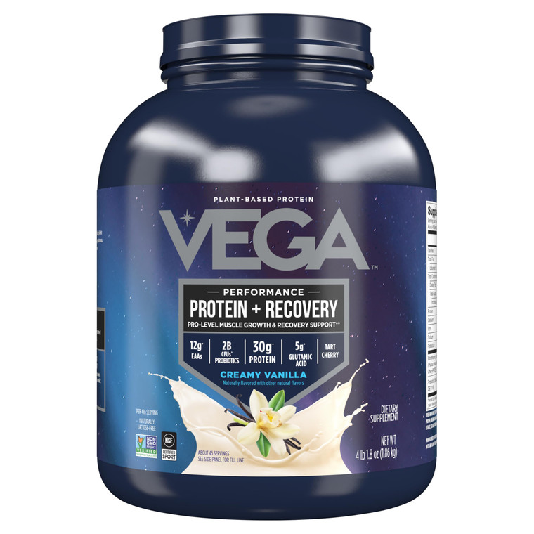 Vega Sport Vegan Protein Powder + Recovery - 30g Plant Based Protein per Serving, Vanilla, 45 Servings, 5g BCAAs, Probiotics, NSF Certified, for Shak