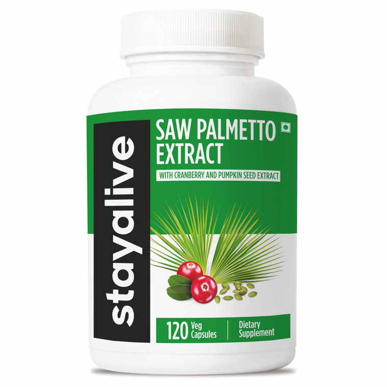 STAY ALIVE Saw Palmetto Extract Capsules w/Cranberry & Pumpkin Seed Oil, 120 Vegan Pills, Extra Strength Saw Palmetto for Men and Women, Non-GMO, Glu