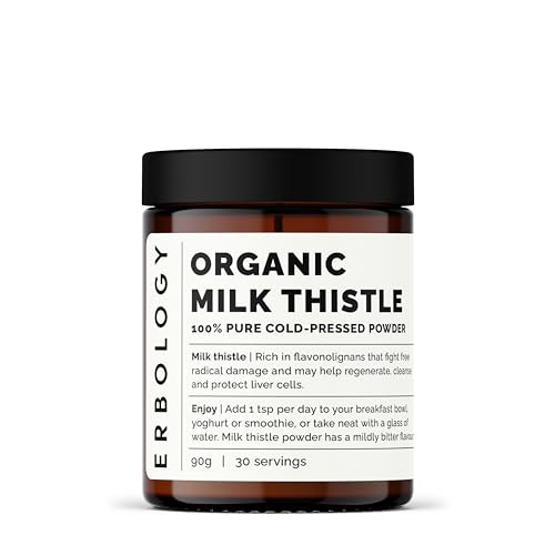 Erbology Organic Milk Thistle Powder 3.2 oz - 30 Servings - 180mg Silymarin per Serving - Liver Health - Cold-Pressed from 100% Milk Thistle Seeds -