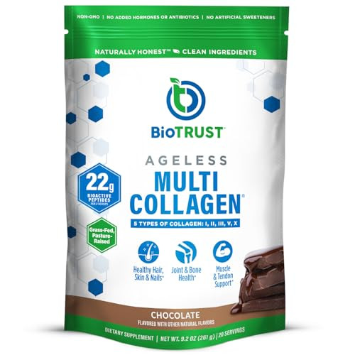BioTrust Ageless Multi Collagen Peptides Powder  5 Types (I, II, III, V, X)  Chocolate Collagen Powder for Women & Men  Hydrolyzed Protein  Grass