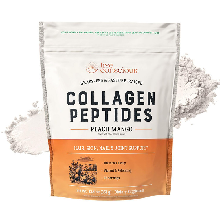 Live Conscious Collagen Peptides Powder - Peach Mango Flavored Collagen Powder - Hair, Skin, Nail, & Joint Support - Type I & III Grass-Fed Collagen