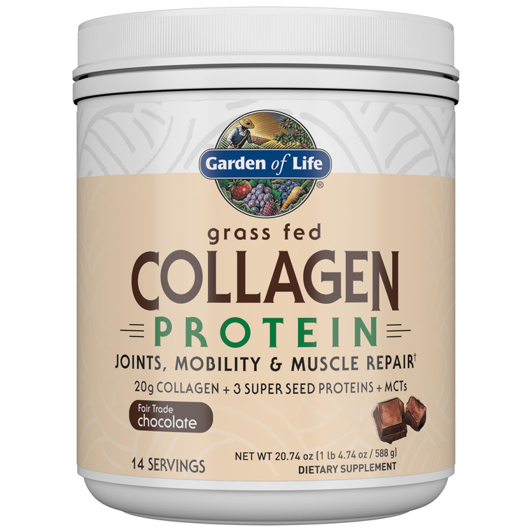 Garden of Life Grass Fed Collagen Protein Powder - Chocolate, 14 Servings, Powder for Joints Mobility Muscle Repair, Collagen Peptides + Super Seeds