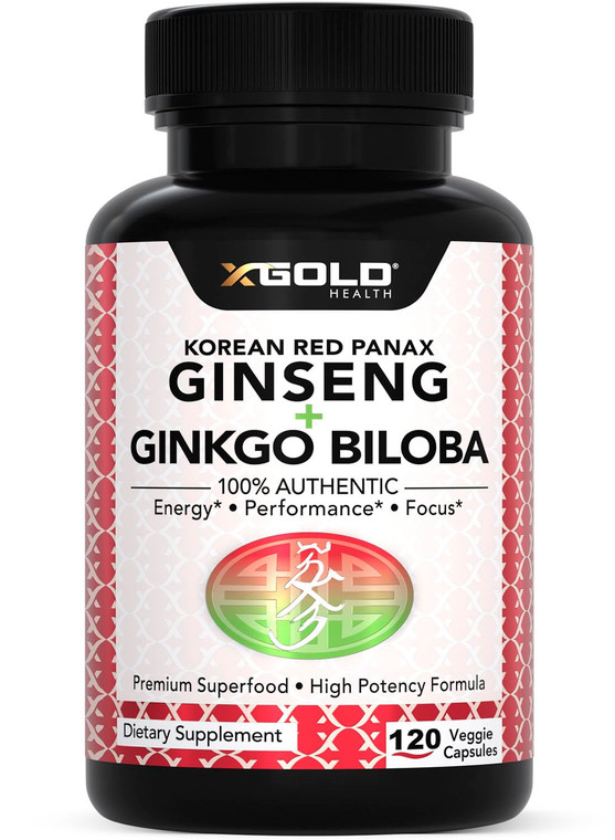 X Gold Health Extra Strength Korean Red Panax Ginseng (7% Ginsenosides) + Ginkgo Biloba  Energy, Focus & Vitality  Non-GMO 120 Capsules