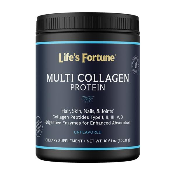 Multi Collagen Peptides Types I, II, III, V & X Hydrolyzed Protein Powder  Grass-Fed, Blend with Digestive Enzyme  for Skin, Hair, Nails, Joints &
