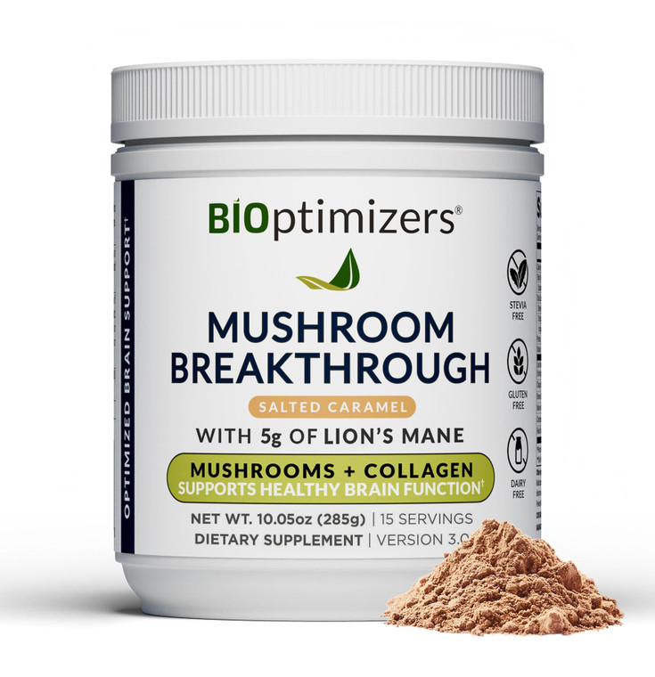 BIOptimizers Mushroom Coffee Alternative  Salted Caramel Drink  Lions Mane, Chaga, Reishi + Collagen Peptides for Focus, Energy & Gut Health  Ada