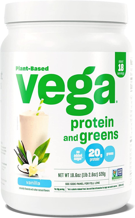 Vega Protein + Supergreens - 20g Plant-Based Protein, Vanilla, 18 Servings, Real Greens & Veggies, Vegan Keto, 0g Added Sugar, Non-GMO, Gluten Free,