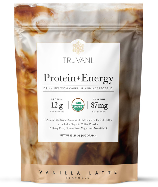 Truvani Protein + Energy Drink Mix with 87mg Caffeine | Vanilla Latte | 12g Organic Plant Based Protein | 20 Servings | USDA Organic Coffee Powder &