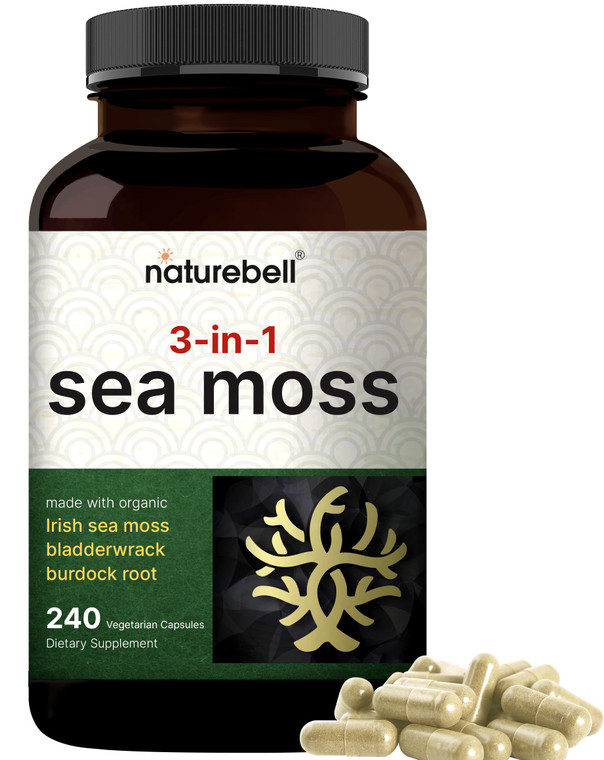 NatureBell 3-in-1 Sea Moss - 240 Vegetarian Capsules - Sea Moss Complex with Organic Bladderwrack & Organic Burdock Root - Healthy Digestion, Vitalit