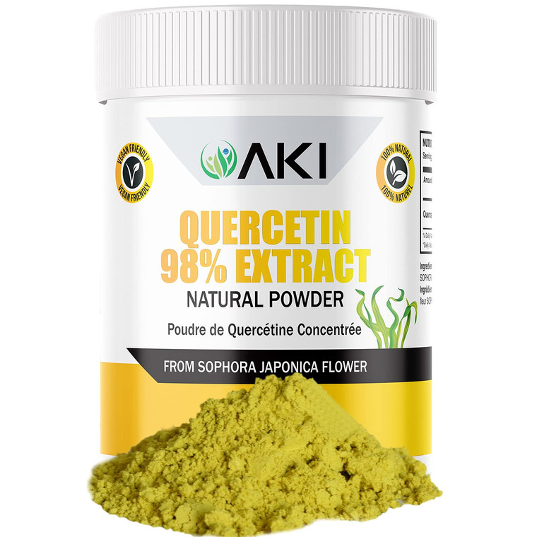 AKI Quercetin Powder 98% Sophora Japonica Flower Extract Quercetin 725mg, Helpful in Increase Energy & Overall Wellness - Non GMO & Gluten Free - Vit