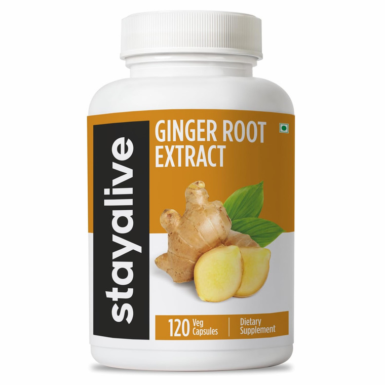 STAY ALIVE Pure Ginger Root Capsules 1000mg, 10:1 Extract Powder with 5% Gingerols, 120 Pills, Extra Strength Root Powder, Vegan, Non-GMO and Gluten-
