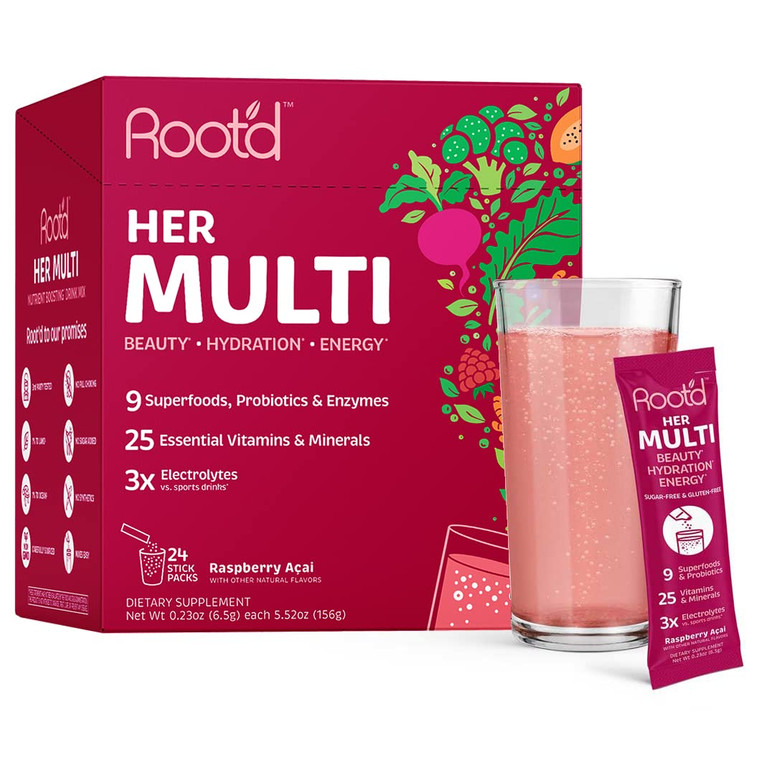 Root'd Multivitamin Powder for Women - 25 Vitamins & Minerals with 3X Electrolytes, 9 Organic Superfoods, Probiotics & Enzymes, Sugar-Free Multivitam