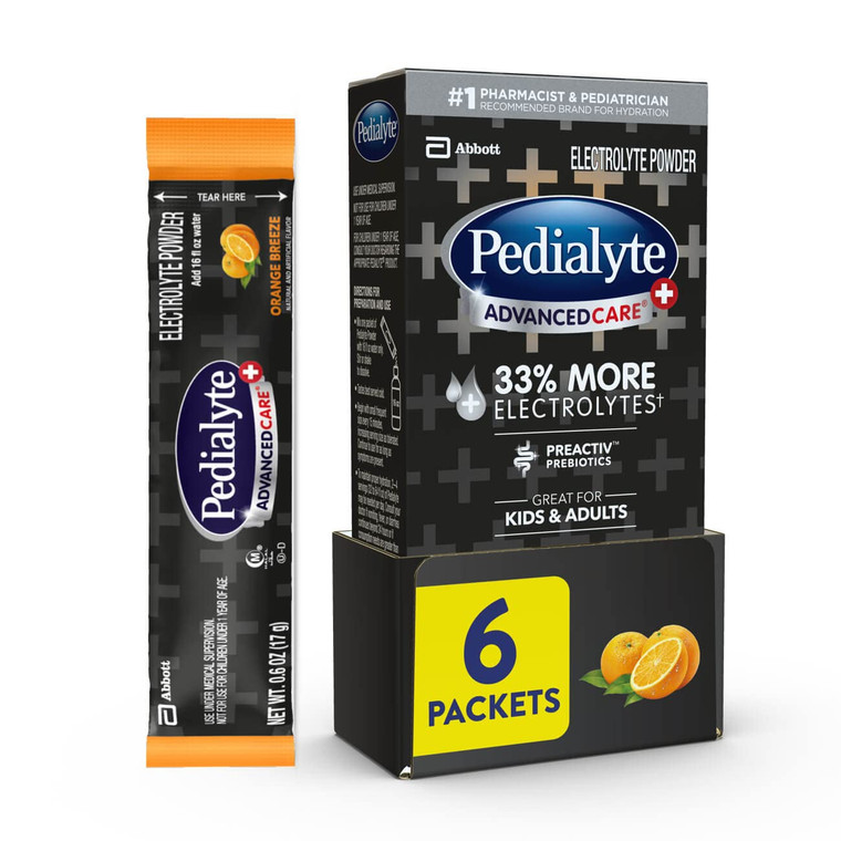 Pedialyte AdvancedCare Plus Electrolyte Powder, Has 33% More Electrolytes and PreActiv Prebiotics, Orange Breeze, 6 Powder Packets