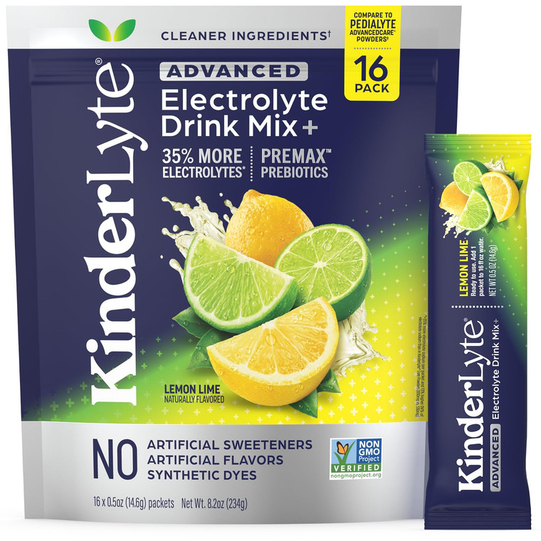 Kinderlyte Advanced Electrolyte Powder for Kids and Adults - Drink Mix Hydration Packets (Lemon Lime, 16 Count), with PreMax Prebiotics, No Artificia