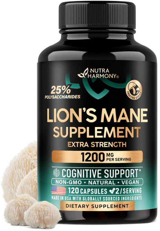 Lions Mane Supplement Capsules - Organic Lions Mane - Made in USA - Fruiting Bodies Extract - 1200 mg, 25% Polysaccharides - Memory & Focus Support -