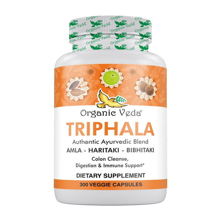 Organic Veda Triphala Powder 300 Capsules, 1000mg - Organic Triphala Supplement for Colon Cleanse, Immune, Gut & Digestion Health - Whole Green Antio