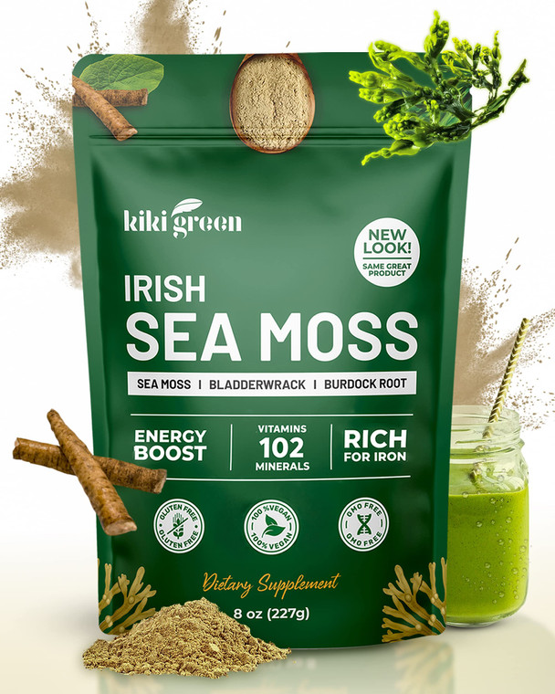 KIKI Green Irish Sea Moss Powder 8 Oz - with Bladderwrack Burdock Root Extract for Immune Support - Keto, Vegan Supplement
