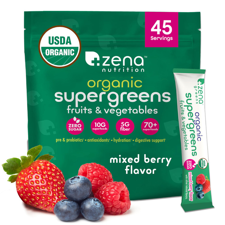Zena Nutrition Organic Super Greens Powder, 70+ Superfoods, 0 Sugar, 5G Fiber, Spirulina, Chlorella, Antioxidants, Prebiotics/Probiotics, Digestive E