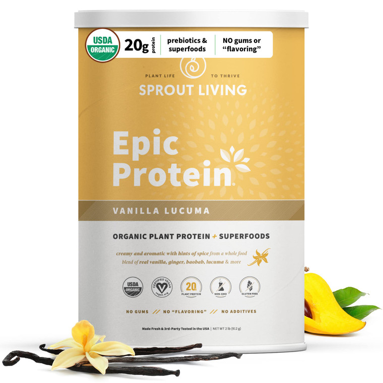 Sprout Living Epic Protein, Plant Based Protein & Superfoods Powder, Vanilla Lucuma Powder | 20 Grams Organic Protein Powder, Vegan, Non Dairy, Non-G
