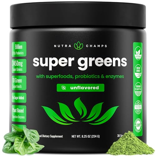 NutraChamps Super Greens Powder Premium Superfood | 20+ Organic Green Veggie Whole Foods | Wheat Grass, Spirulina, Chlorella | Antioxidant, Digestive