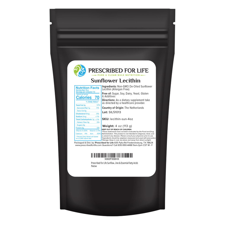 Prescribed For Life Sunflower Lecithin Powder, Unbleached, Gluten Free, Vegan, Non GMO, Soy Free, Kosher, Naturally Rich in Choline & Essential Fatty