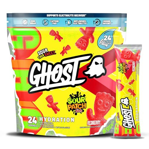 GHOST Hydration Packets, Sour Patch Kids Redberry, 24 Sticks, Electrolyte Powder - Drink Mix Supplement with Magnesium, Potassium, Calcium, Vitamin C