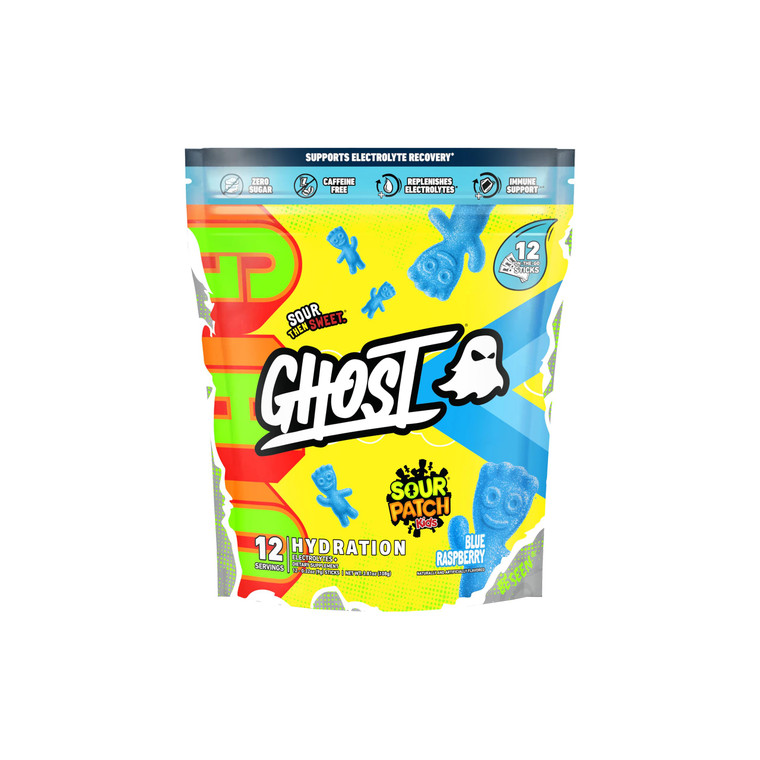 GHOST Hydration Packets, Sour Patch Kids Blue Raspberry, 12 Sticks, Electrolyte Powder - Drink Mix Supplement with Magnesium, Potassium, Calcium, Vit