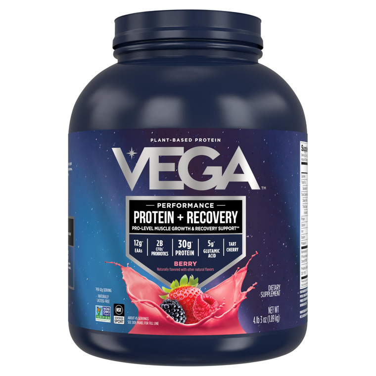Vega Sport Vegan Protein Powder + Recovery - 30g Plant Based Protein per Serving, Berry, 45 Servings, 5g BCAAs, Probiotics, NSF Certified, for Shakes