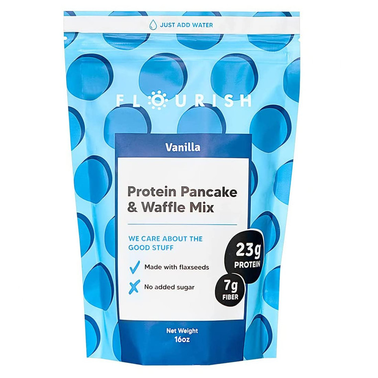 Flourish - Protein Pancake & Waffle Mix, Whey Protein Isolate & Flax Seed, Non-GMO, No Added Sugar, Superfood, High Protein & Fiber, Just Add Water -