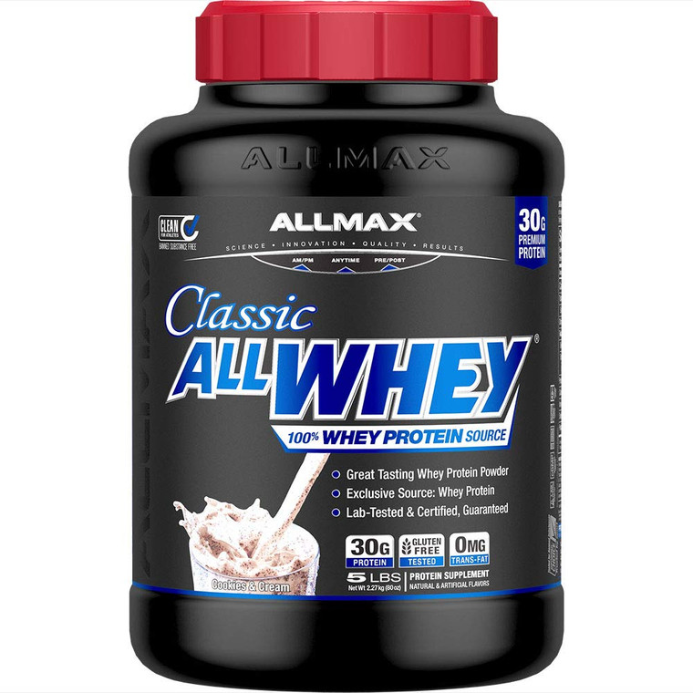 ALLMAX Classic ALLWHEY, Cookies & Cream - 5 lb - 30 Grams of Protein Per Scoop - Gluten Free - Approx. 49 Servings