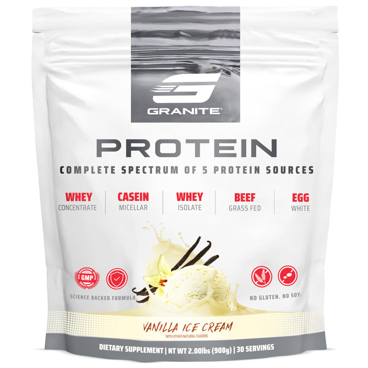Granite Nutrition Protein Powder - Premium 5-Source Blend (Whey, Casein, Egg, Grass-Fed Beef) for Lean Muscle and Recovery - Vanilla Ice Cream, 30 Se
